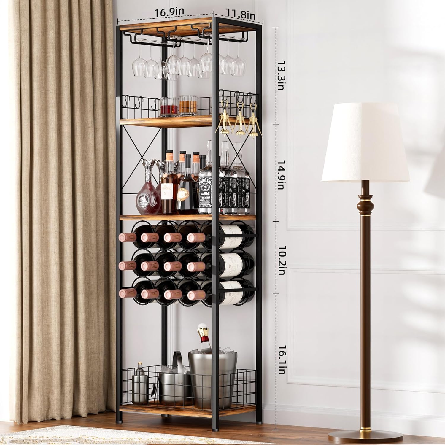 Freestanding Wine Rack with Glass Holder 40-Bottle Capacity Modern Bar Cabinet