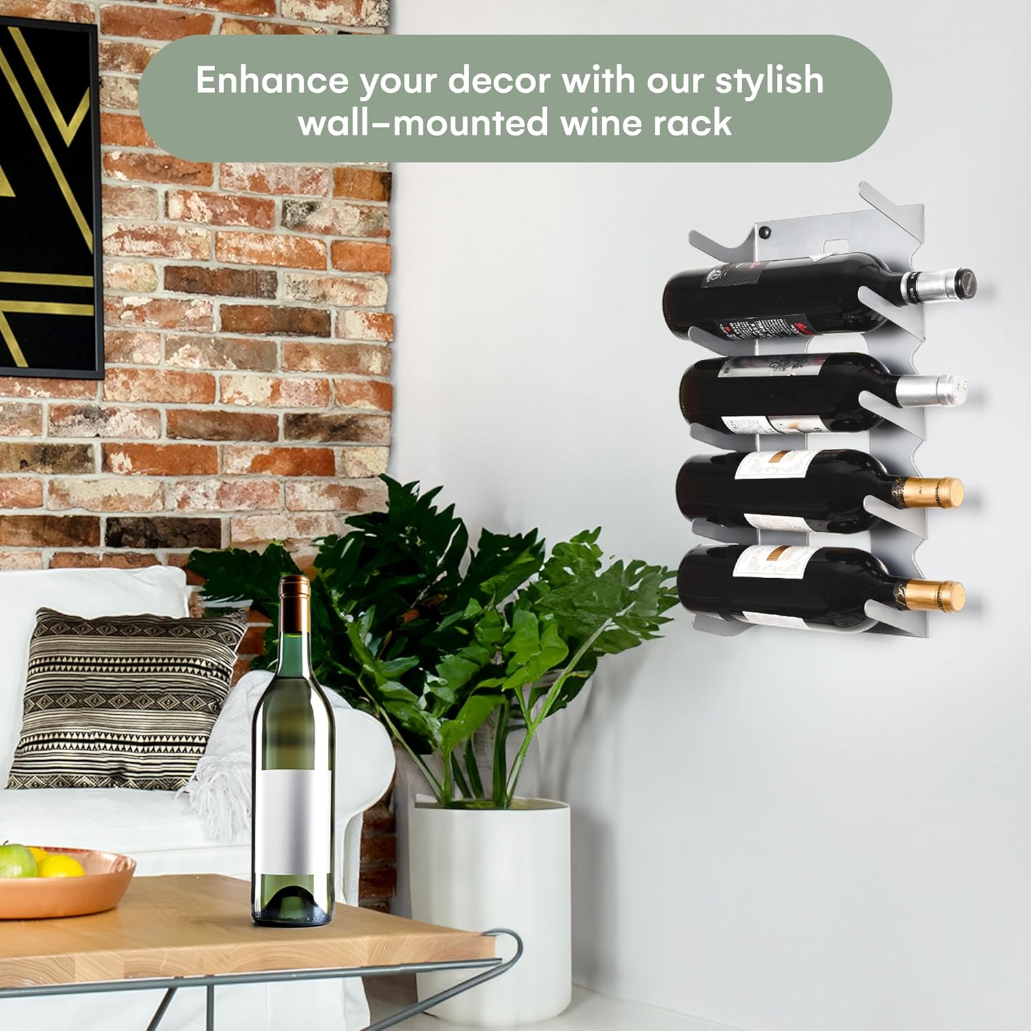 Hallops Wine Holder - 5 Bottle Rack - Modern Metal Design - Sturdy Wall Mount - Silver