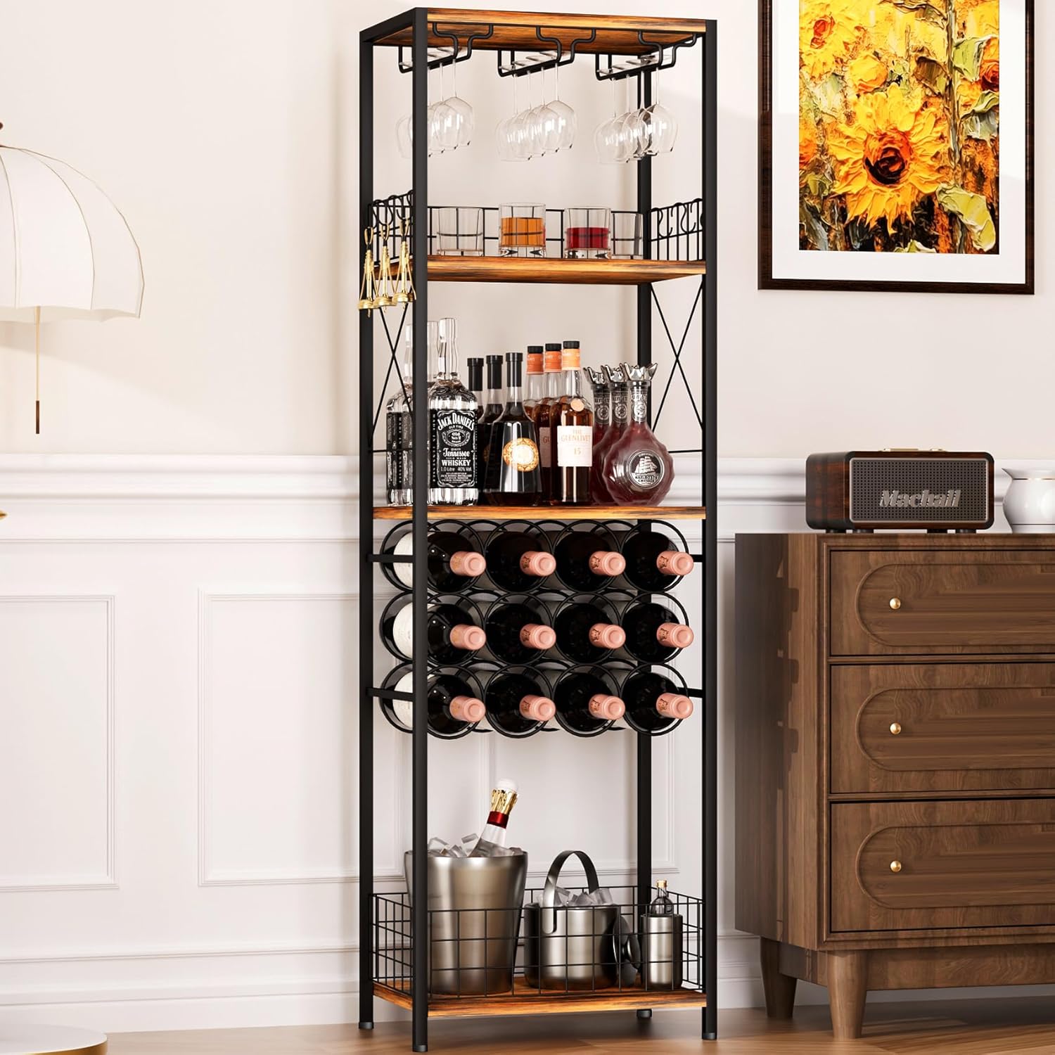 Freestanding Wine Rack with Glass Holder 40-Bottle Capacity Modern Bar Cabinet