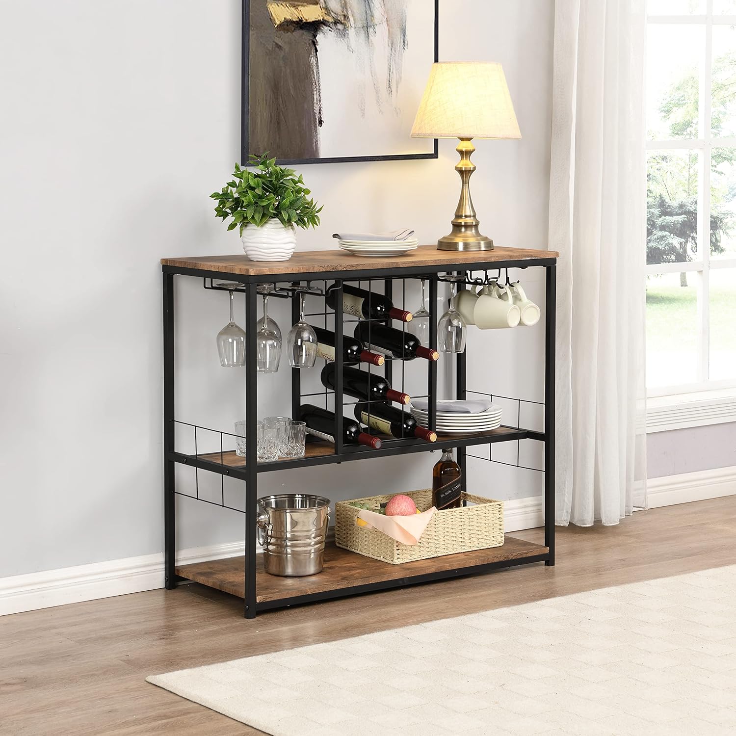 3-Tier FreeStanding Wine Rack Table with Stemware Holders Black