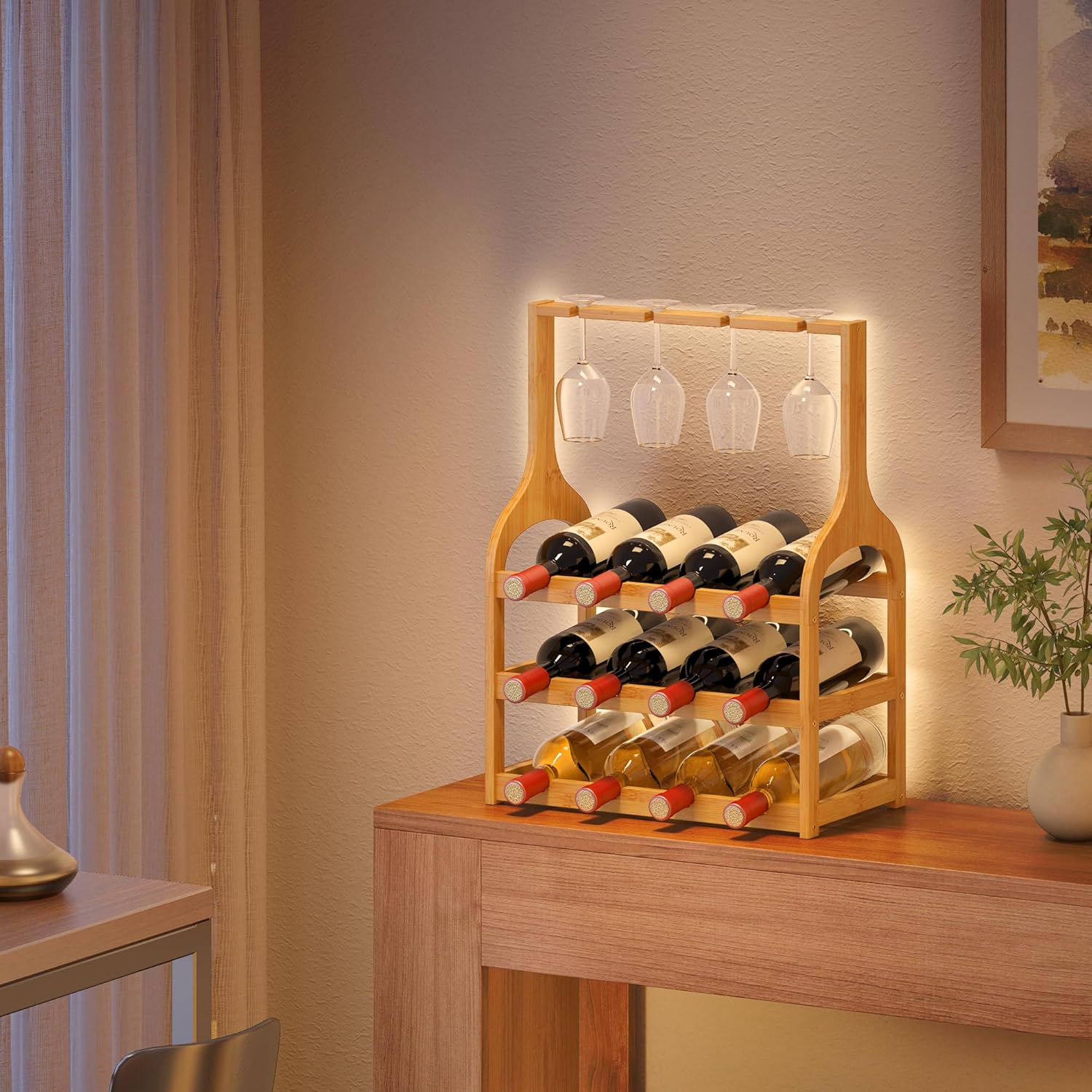 Bamboo Wine Rack Holds 12 Bottles and 4 Glasses