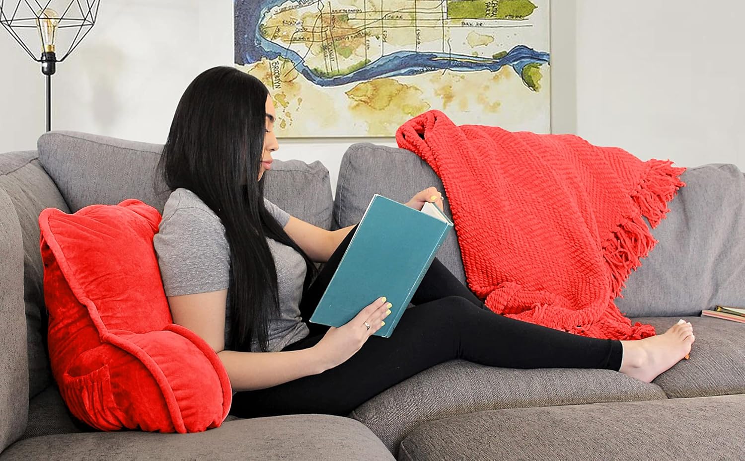 BYTIDE Bright Pink Reading Bed Rest Pillow with Arms and Pockets