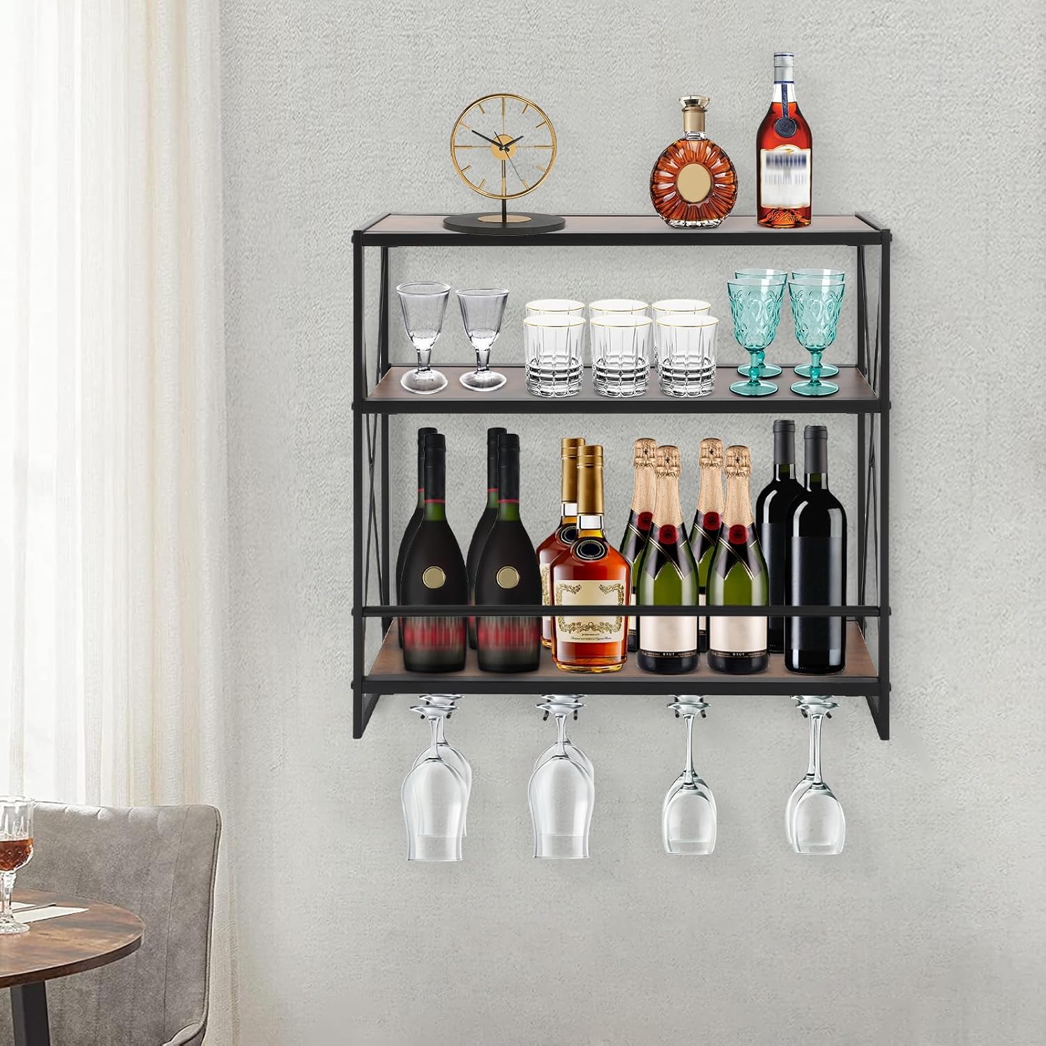 Gdrasuya10 Wall Mounted Wine Rack with 3-Tier Glass Holder