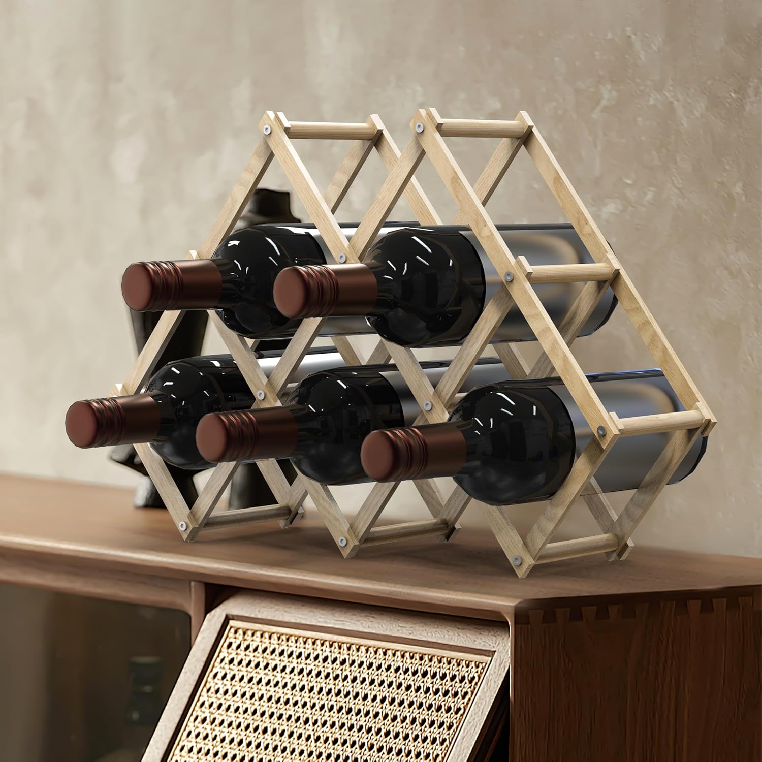 6 Bottle Wood Wine Rack Foldable Stackable