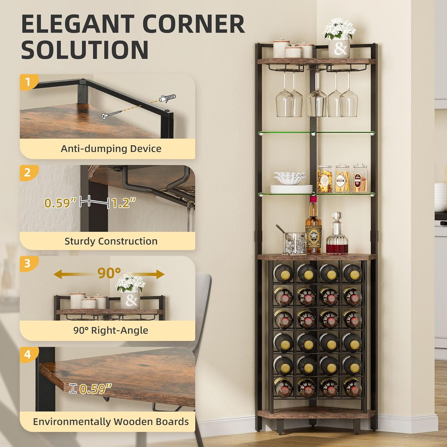 DWVO Corner Wine Rack with LED Light and Outlet