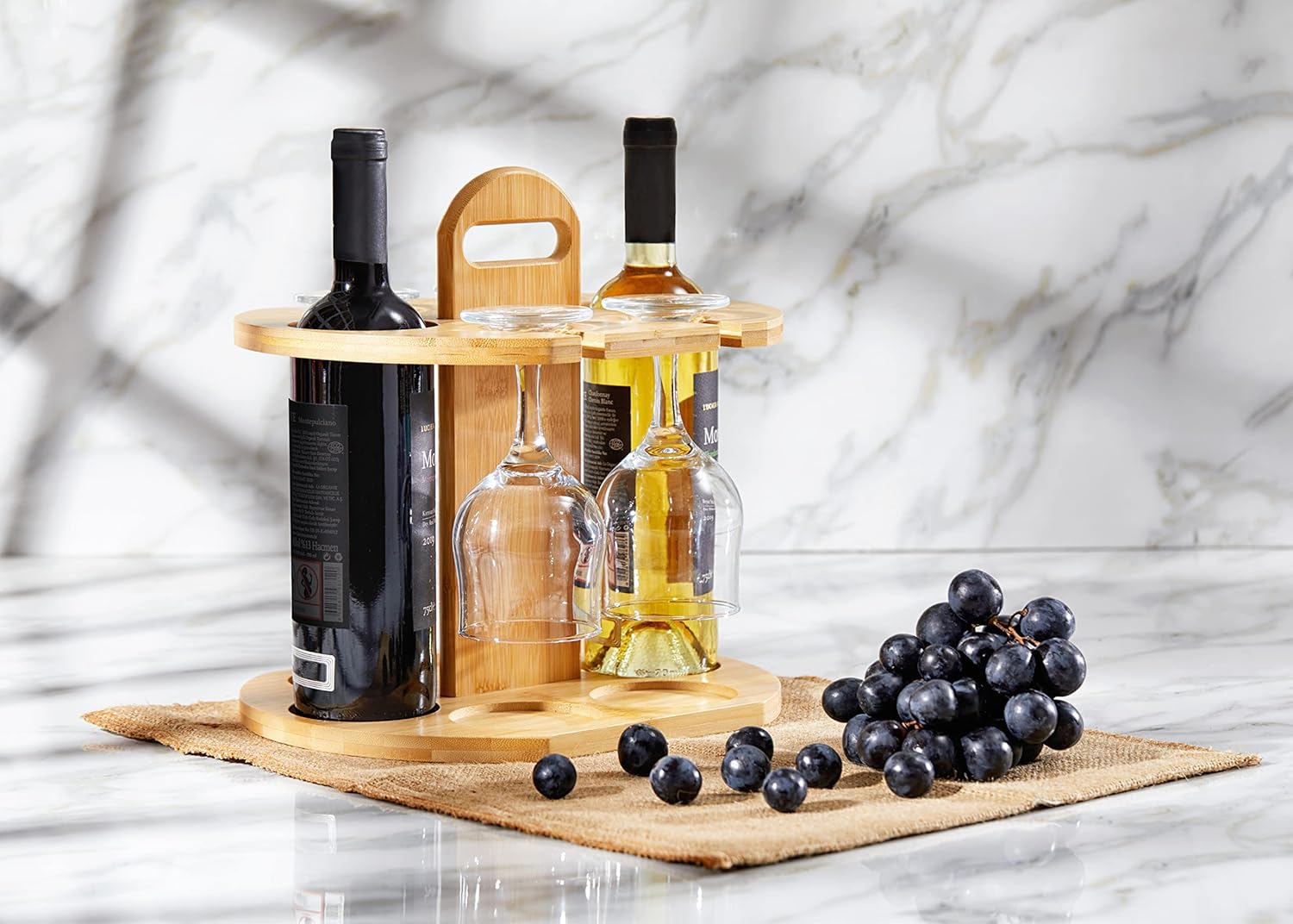 RoyalHouse Bamboo Wine Rack Holds 2 Bottles 4 Glasses