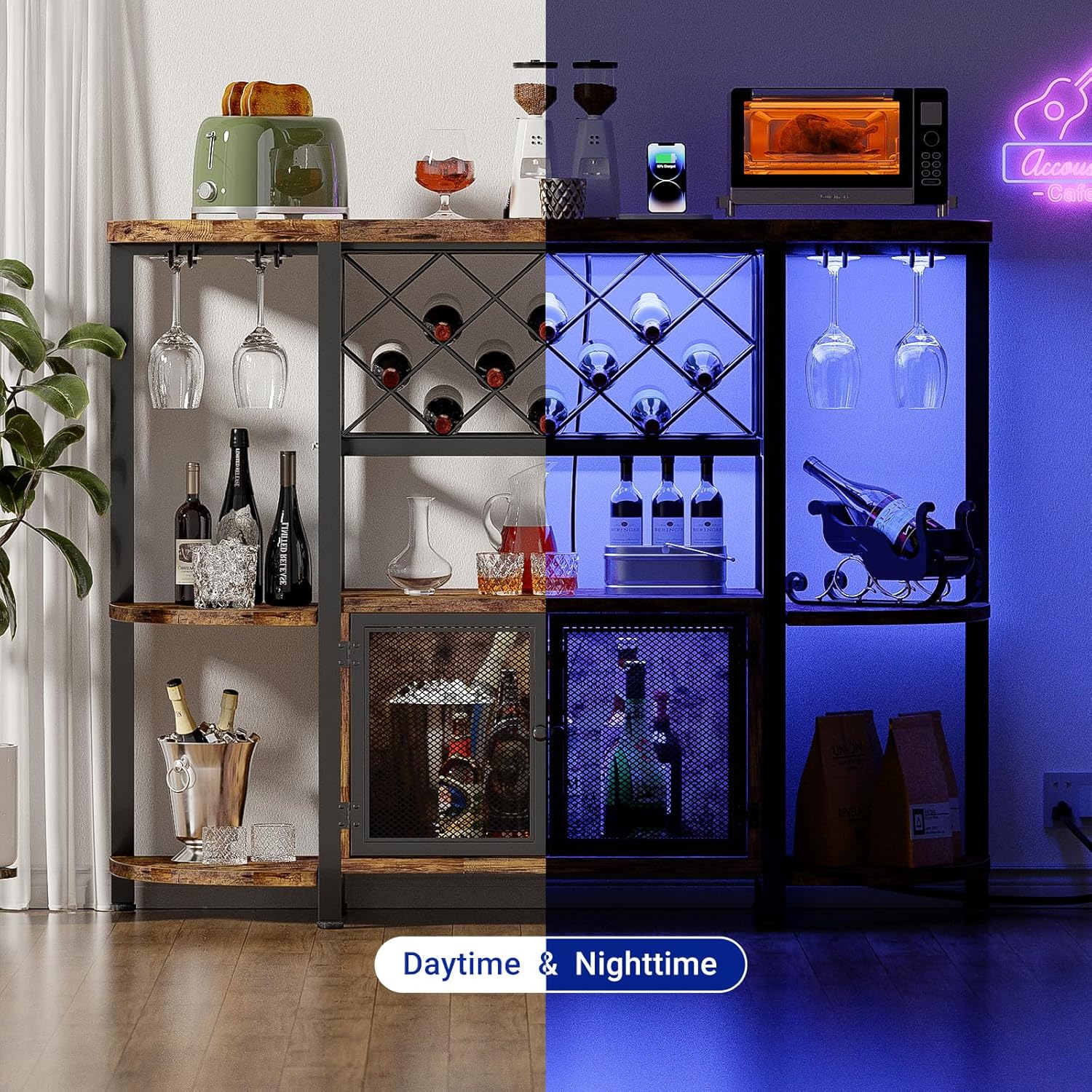 Hyomdeck Freestanding Wine Bar Cabinet with LED Lights and Power Outlets