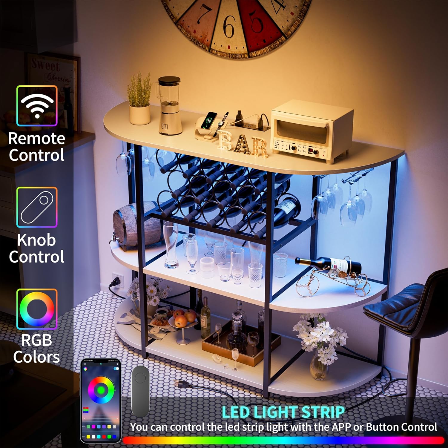 JUMMICO Wine Bar Cabinet with LED Light and Charging Station White