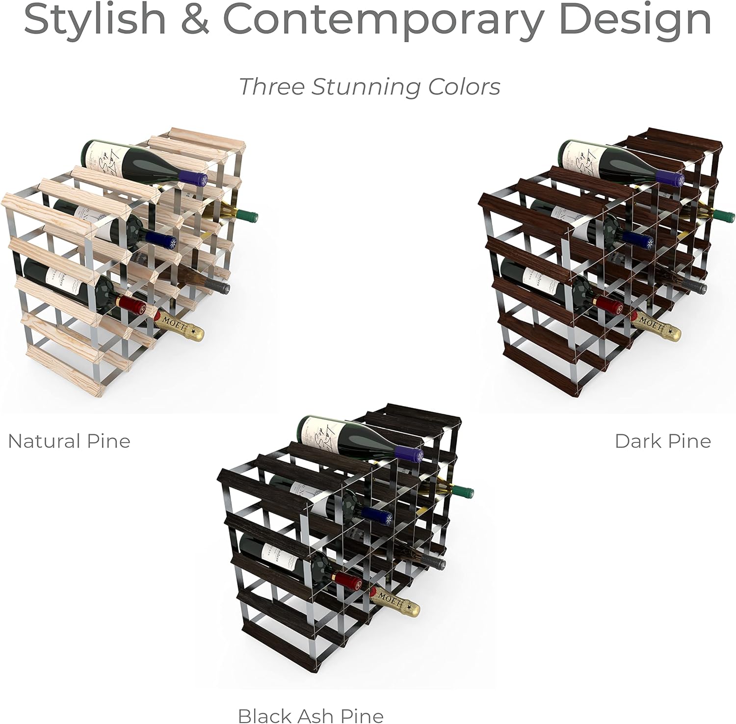RTA Freestanding Wine Rack - 30 Bottles Black Ash Pine UK Made