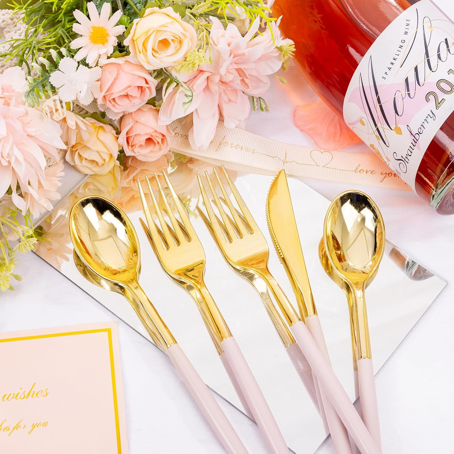 SUT 160Pcs Pink and Gold Plastic Silverware Set 1