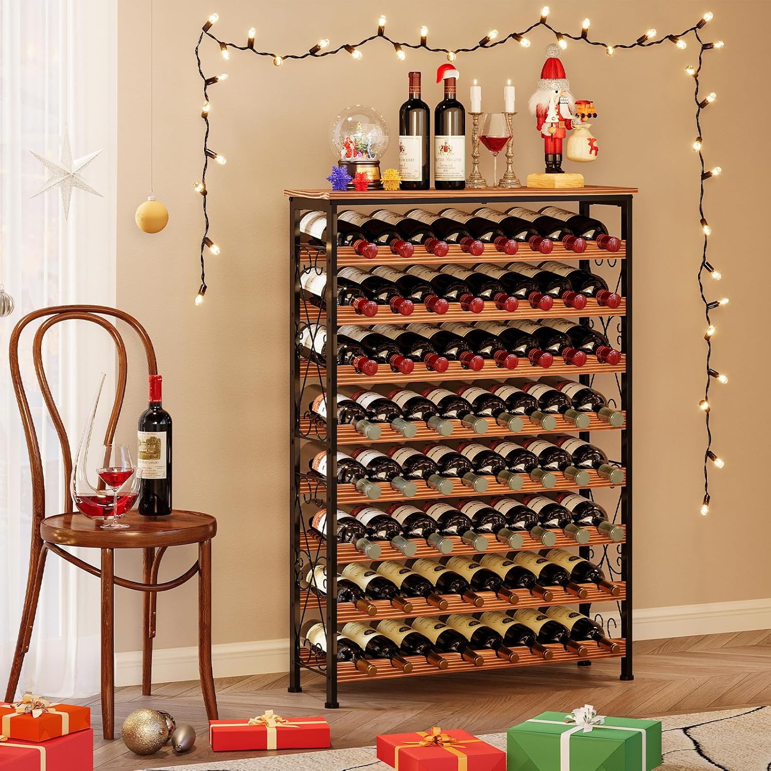 64 Bottles Wine Rack with LED Light and Top Shelf