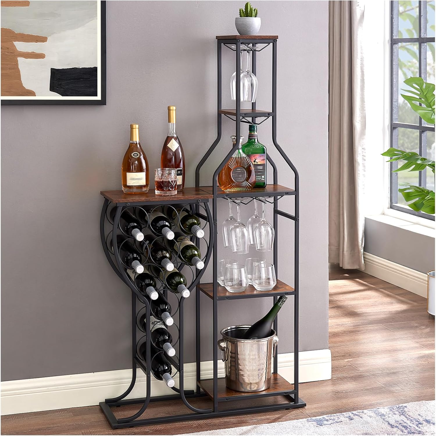 MATONELL 11-Bottle Freestanding Wine Rack with 5 Tier and Glass Holder