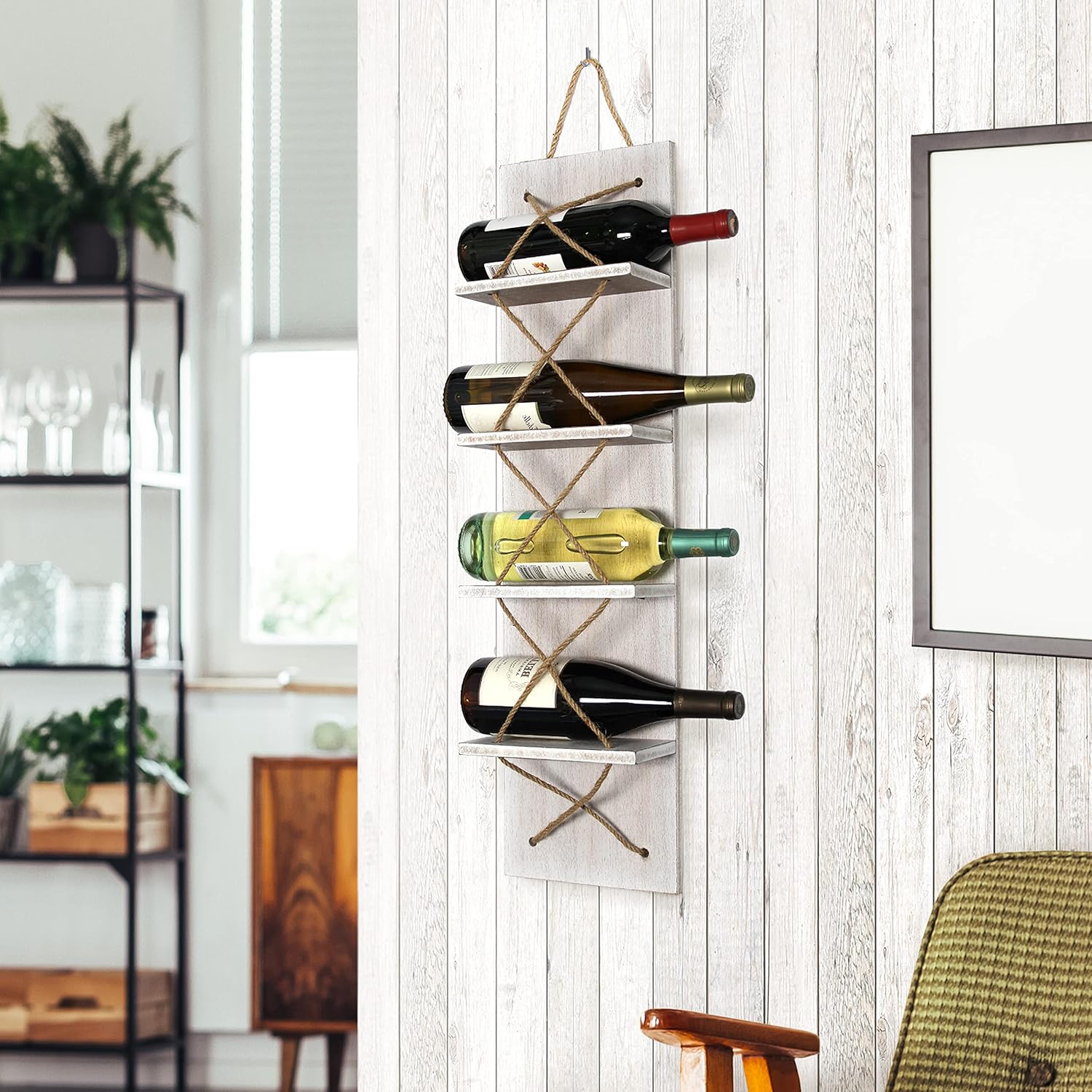 Elegant Designs HG1019-WWH Positano Nautical Rope 4 Bottle Wall Mounted Wine Rack