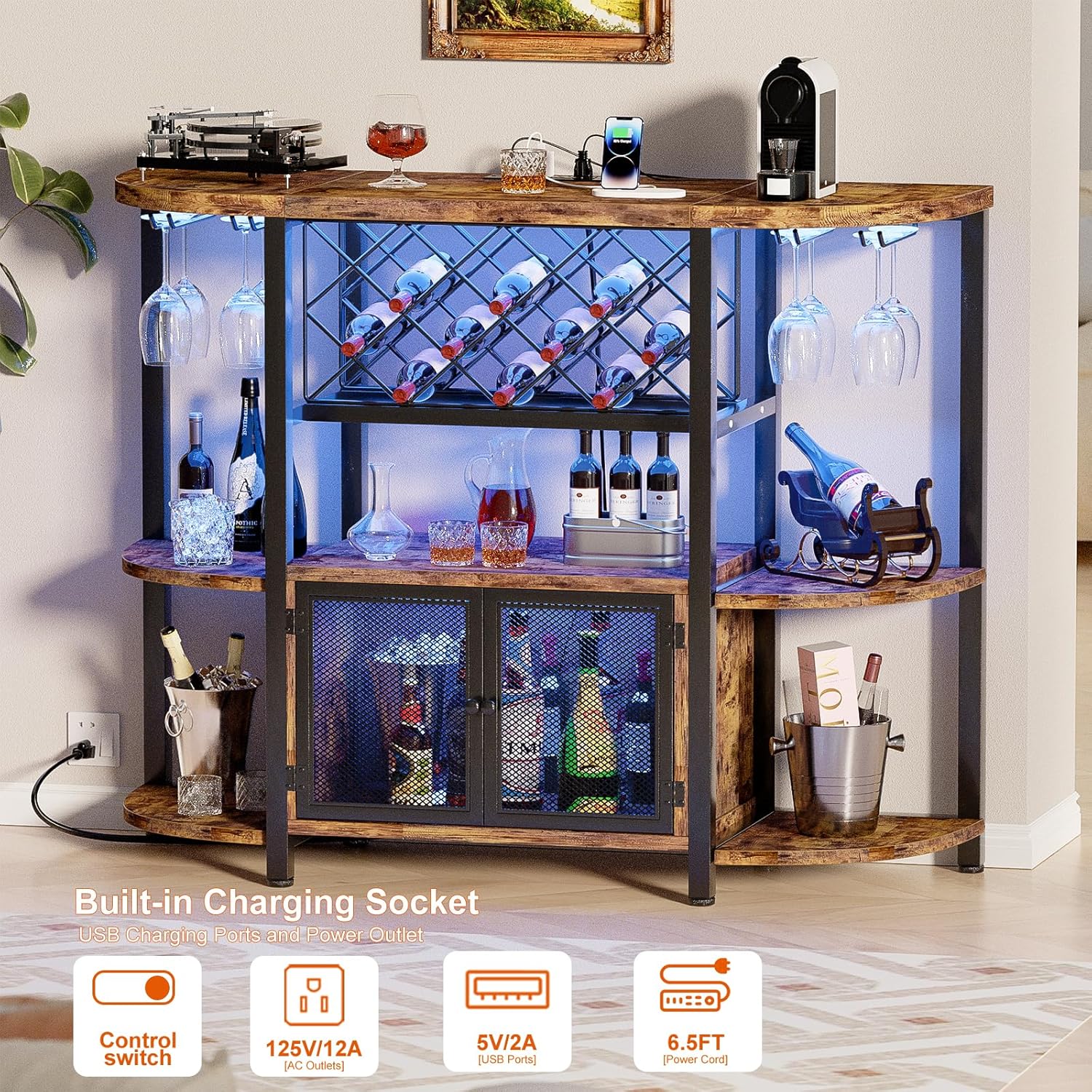 Hyomdeck Freestanding Wine Bar Cabinet with LED Lights and Power Outlets