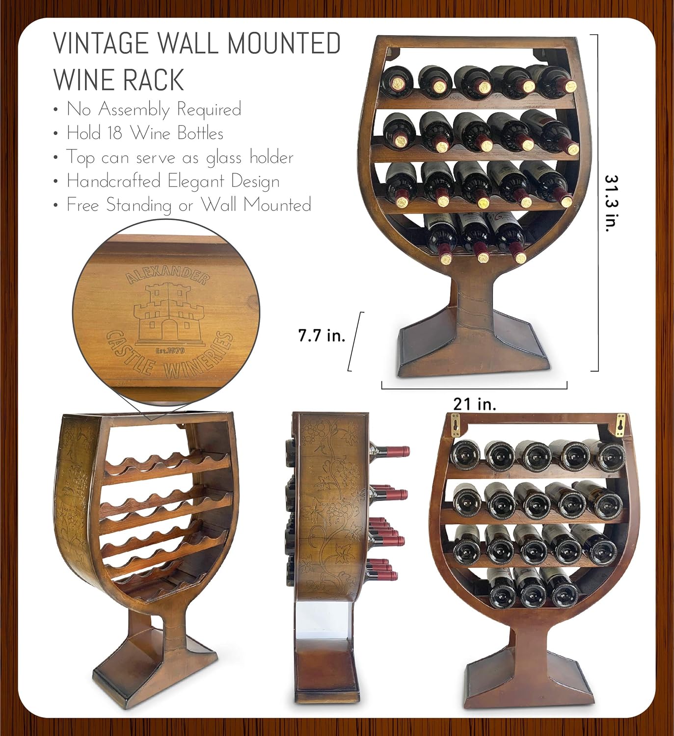 CoTa Global Glass Shaped Wine Rack - 18 Bottles Freestanding Wooden Storage